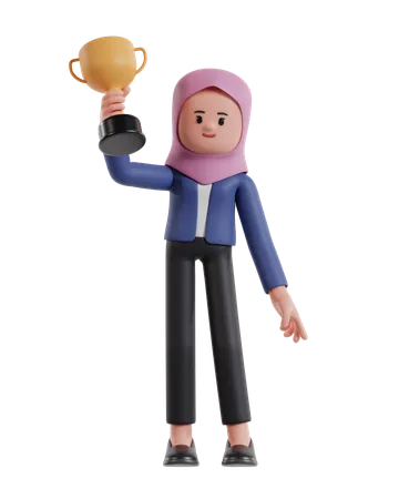 Businesswoman with hijab raises trophy with right hand  3D Illustration