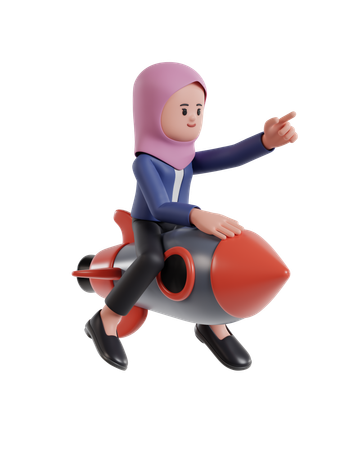 Businesswoman with hijab riding a rocket while pointing forward  3D Illustration