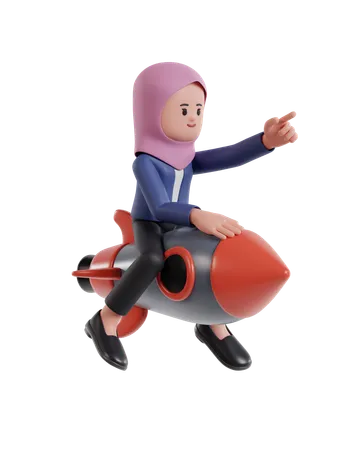 Businesswoman with hijab riding a rocket while pointing forward  3D Illustration