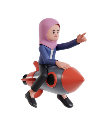 Businesswoman with hijab riding a rocket while pointing forward  3D Icon