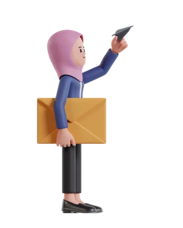 Businesswoman with hijab sending message with paper plane  3D Illustration