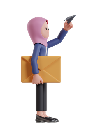 Businesswoman with hijab sending message with paper plane  3D Icon