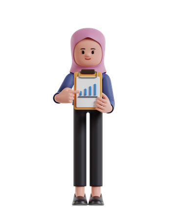 Businesswoman with hijab shows improvement data on paper clamped to a clipboard  3D Illustration