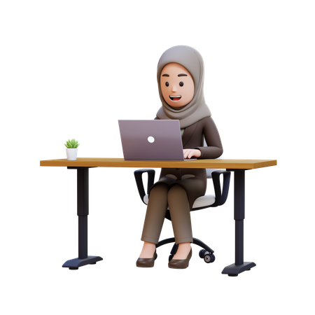 Businesswoman With Hijab Sitting At Desk With Laptop  3D Illustration