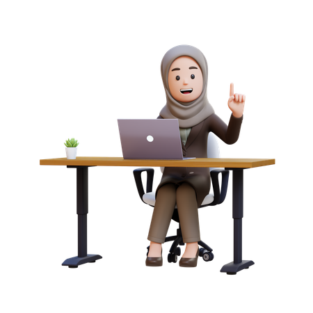 Businesswoman With Hijab Sitting At Desk With Laptop And Got Idea  3D Illustration