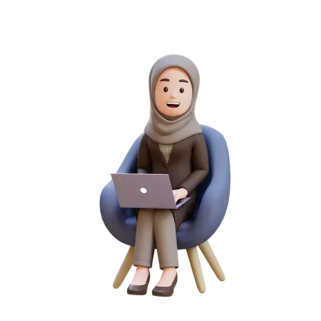 Businesswoman With Hijab Sitting In Chair With Laptop In Front Of Her  3D Illustration