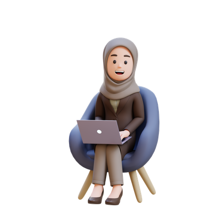 히잡을 두른 사업가가 의자에 앉아 노트북을 앞에 두고 있다  3D Icon