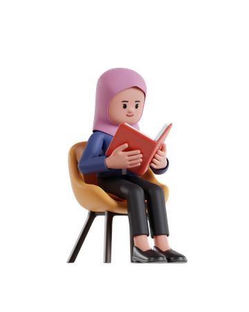 Businesswoman with hijab sitting on a chair and reading a book  3D Illustration