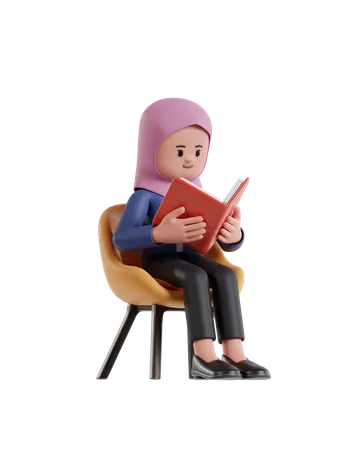 Businesswoman with hijab sitting on a chair and reading a book  3D Illustration