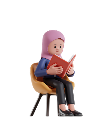 Businesswoman with hijab sitting on a chair and reading a book  3D Icon