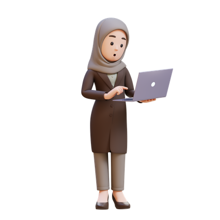 Businesswoman With Hijab Standing Confused While Working On Laptop  3D Illustration