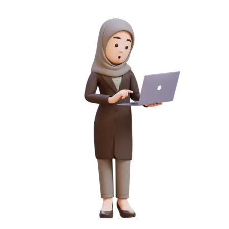 Businesswoman With Hijab Standing Confused While Working On Laptop  3D Illustration