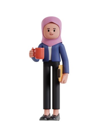 Businesswoman with hijab standing holding coffee cup and clipboard  3D Illustration