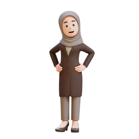 ヒジャブをかぶり、腰に手を当てて立っているビジネスウーマン  3D Illustration