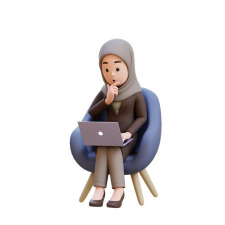 Businesswoman With Hijab Thinking While Sitting In Chair With Laptop In Front Of Her  3D Illustration
