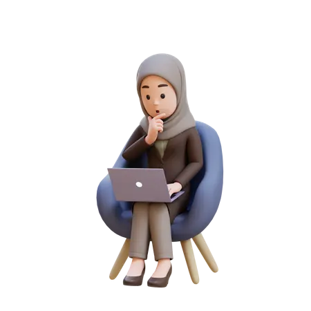 Businesswoman With Hijab Thinking While Sitting In Chair With Laptop In Front Of Her  3D Illustration