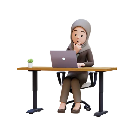 Businesswoman With Hijab Working At Desk With Laptop  3D Illustration