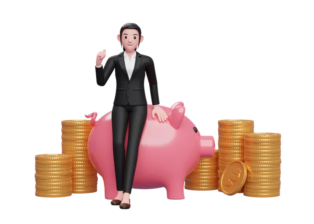 Businesswoman with huge savings  3D Illustration