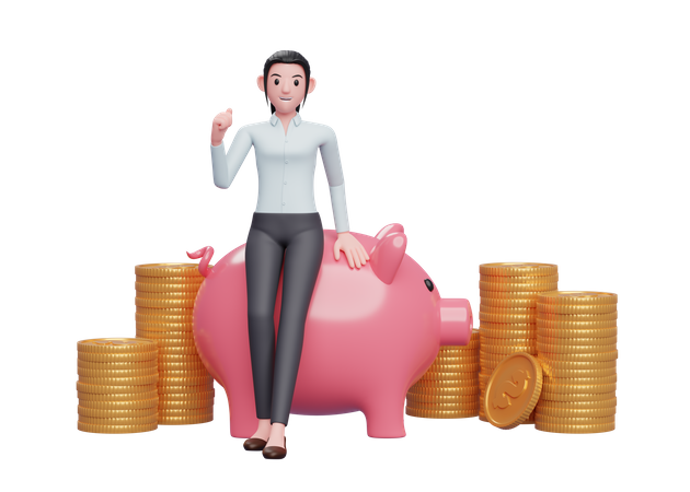 Businesswoman with huge savings  3D Illustration