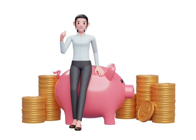 Businesswoman with huge savings  3D Illustration