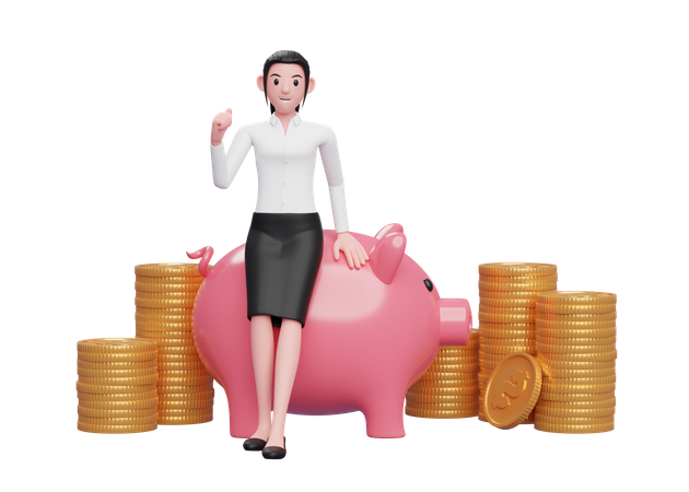 Businesswoman with huge savings  3D Illustration