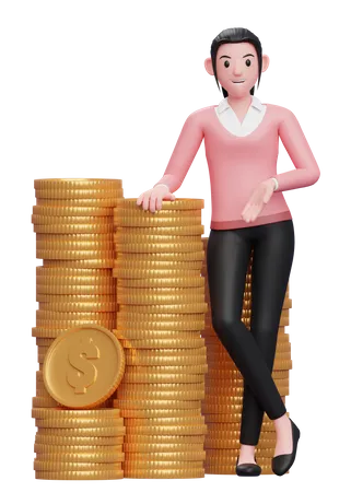 Sweet Girl In Pink Sweater With Lots Of Capital 3 D Illustration Of A Business Woman In Sweater Holding Dollar Coin 3D Illustration