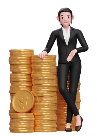 Business Woman In A Black Suit Standing With Crossed Legs And Leaning On Pile Of Coins 3 D Illustration Of A Business Woman In A Black Suit Holding Dollar Coin 3D Illustration