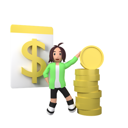 Businesswoman with stack of coin  3D Illustration