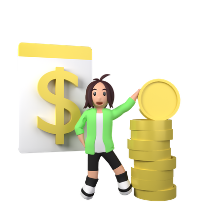 Businesswoman with stack of coin 3D Illustration