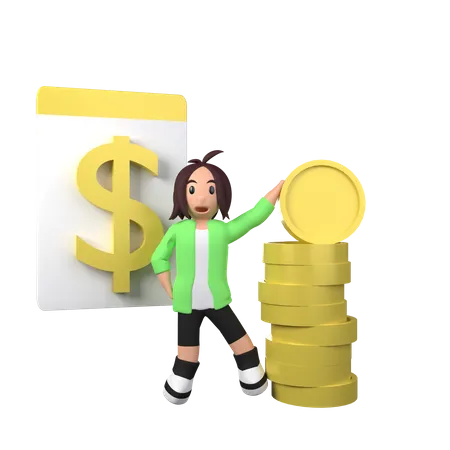 3 D Illustration Of Businesswoman With Stack Of Coin And Floating Dollar Concept 3D Illustration
