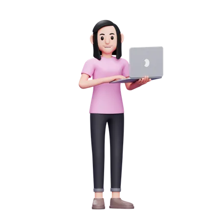 Girl Typing On Laptop While Standing And Looking At Camera 3 D Render Character Illustration 3D Illustration