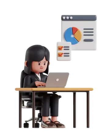 3 D Illustration Of Cartoon Businesswoman Working On Laptop At Office Desk 3D Illustration