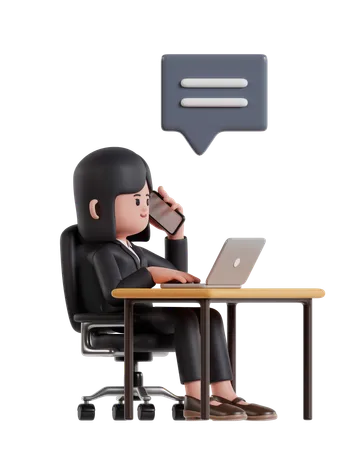 3 D Illustration Of Cartoon Businesswoman Working On Laptop While Talking On Phone 3D Illustration