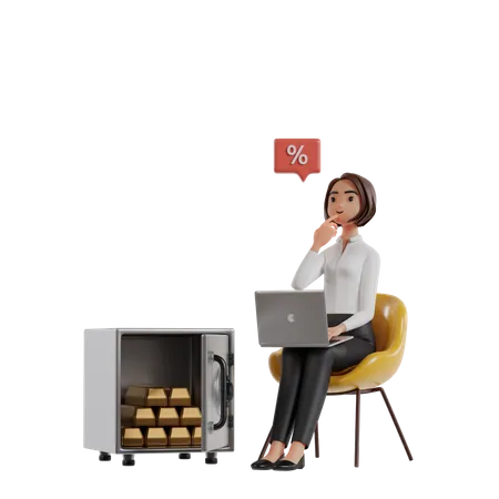 Businesswoman Working On Laptop While Thinking About Investing In Gold  3D Illustration