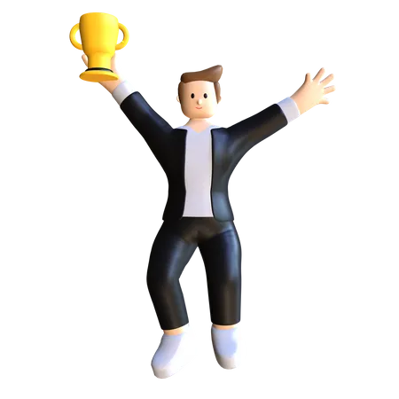 Bussiness Man Hold Trophy  3D Illustration