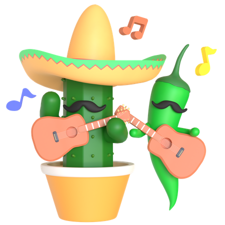 Cacto e pimenta verde tocando violão  3D Illustration