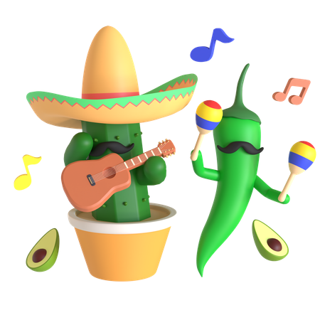 Cacto e pimenta verde tocando música  3D Illustration