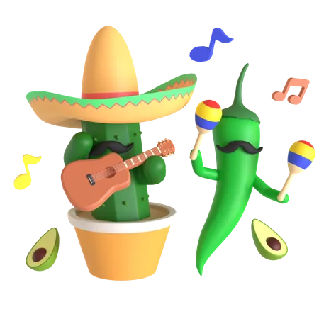 Cacto e pimenta verde tocando música  3D Illustration
