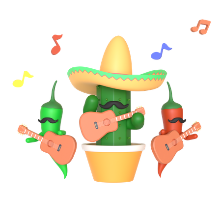 Cactus and chili pepper playing guitar 3D Illustration