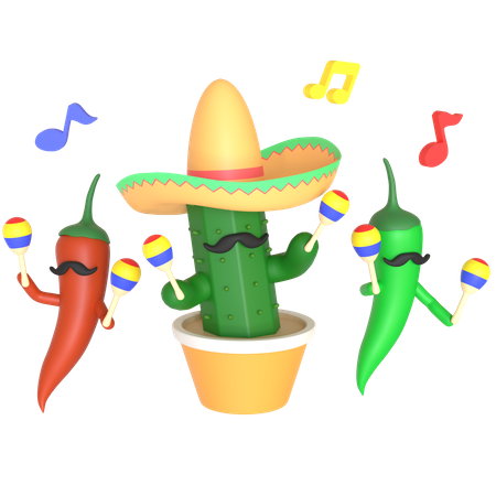 Cactus and chili pepper playing maracas  3D Illustration