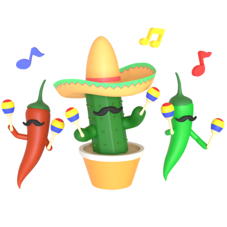 Cactus and chili pepper playing maracas 3D Illustration