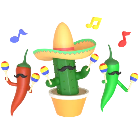 Cactus And Chili Pepper Playing Maracas 3 D Illustration In Transparent Background 3D Illustration