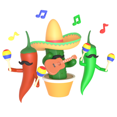 Cactus and chili pepper playing music  3D Illustration