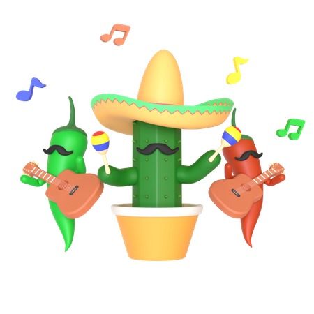 Cactus and chili pepper playing music  3D Illustration