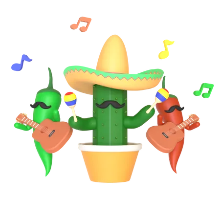 Cactus and chili pepper playing music  3D Illustration