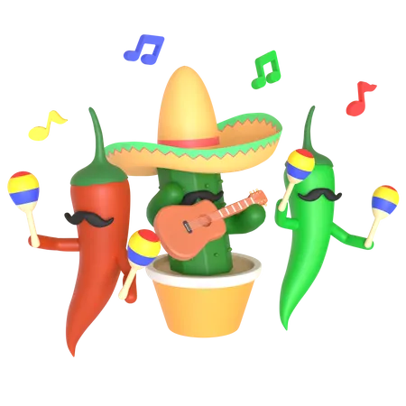 Cactus And Chili Pepper Playing Music 3 D Illustration In Transparent Background 3D Illustration