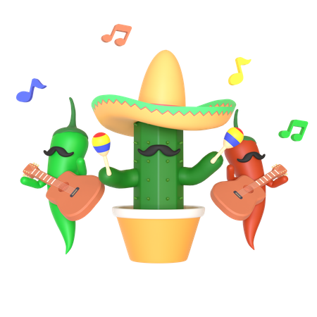 Cactus and chili pepper playing music 3D Illustration