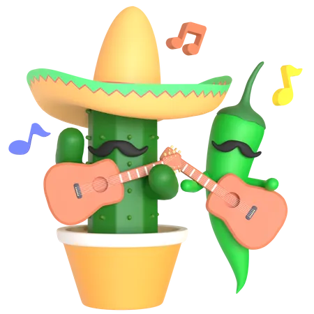 Cactus and green chili pepper playing guitar  3D Illustration