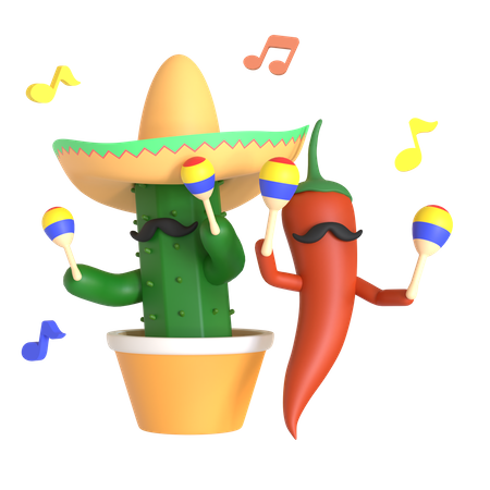 Cactus and red chili pepper playing maracas 3D Illustration