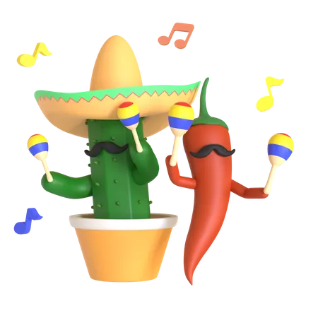Cactus and red chili pepper playing maracas  3D Illustration